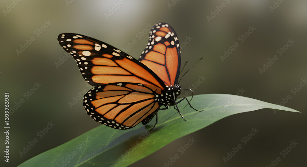 Fototapeta premium Vivid orange butterfly, likely a Monarch, shown resting on a surface with wings slightly open, highlighting its iconic pattern.