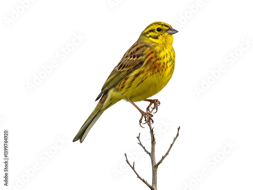 A captivating photograph of a Yellowhammer (Emberiza citrinella) standing majestically on a slender.
