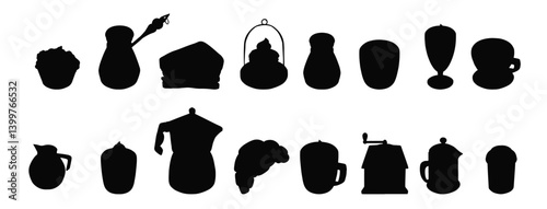 Different shapes of cups. Black silhouettes of mugs. Vector
