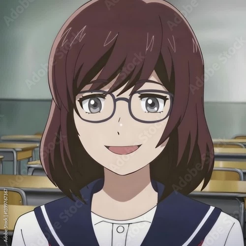 Anime character student girl happy intelligent glasses animation smile youth education learning

