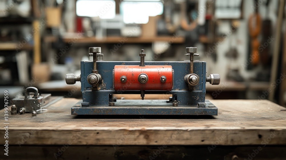 Fototapeta premium Vintage industrial machine with red cylinder, sits on worn wooden workbench in cluttered workshop