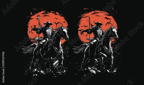 Epic Horsemen of Apocalypse Vector Art with Dramatic Red Moon for T-Shirt Design