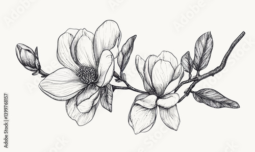 Elegant Magnolia Ink Sketch in Intricate Engraving Style Vector Illustration