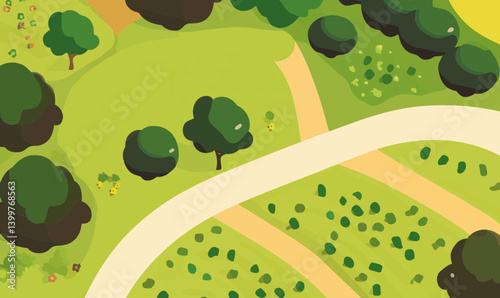 Aerial View of Lush Green Landscape with Pathways and Trees Vector Illustration