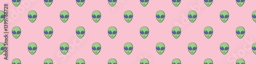 Seamless pattern with Aliens green heads in doodle flat style. Humanoids, visitors, Martians. Vector illustration, wallpaper on theme of space, UFO, conspiracy theory, Sci-fi, fantastic