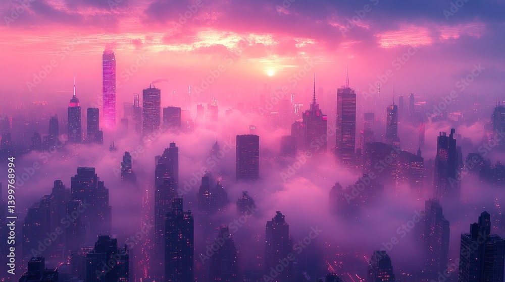Pink City Skyline Enveloped in Morning Mist Pink City Skyline Enveloped in Morning Mist