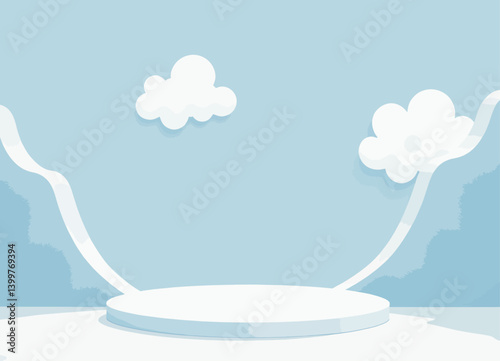 Blue sky studio scene with white clouds and podium
