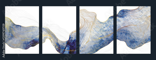 Elegant abstract line art on white card background set. Luxury hand drawn with gold wavy line. Shining wave line design for wallpaper, banner, print, cover, wall art, home decor, package.