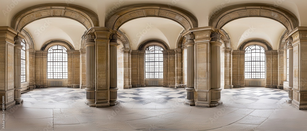 Fototapeta premium Palace hallway, arched windows, stone columns, sunlight