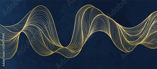 Elegant abstract line art on navy blue background. Luxury hand drawn with gold wavy line. Shining wave line design for wallpaper, banner, print, cover, wall art, home decor, package.