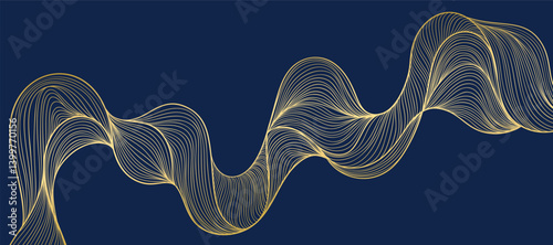 Elegant abstract line art on navy blue background. Luxury hand drawn with gold wavy line. Shining wave line design for wallpaper, banner, print, cover, wall art, home decor, package.