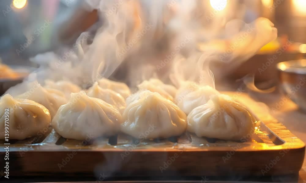 A street food stall selling steaming hot tangbao, with a blurred background of an Asian night market