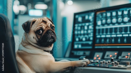 Adorable pug dog sitting at control panel in modern office environment, focused on complex computer screen