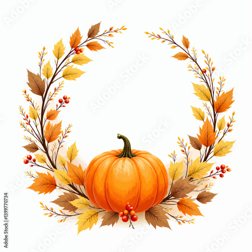 Autumn Pumpkin with Fall Foliage Wreath Accent