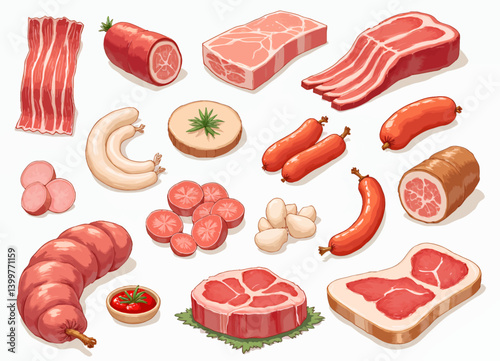 Assorted Cartoon Meats: Bacon, Steaks, Sausages and Salami