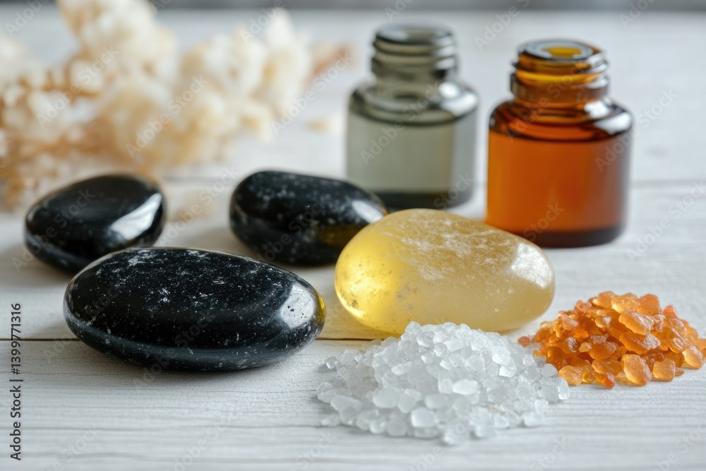 Spa setting with essential oils, smooth stones, and bath salts for relaxation and rejuvenation. Spa setting with essential oils, smooth stones, and bath salts for relaxation and rejuvenation.