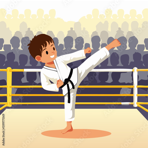 Smiling Young Boy Practicing Karate Kick in White Gi and Black Belt

