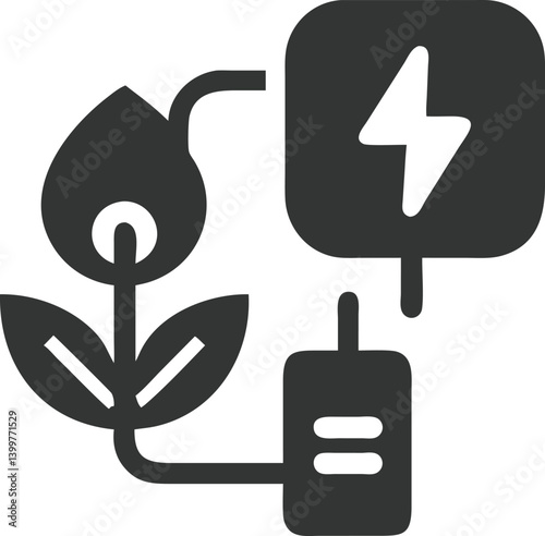 Isolated Black Flat Icon Illustrating Green Energy Featuring a Plant Connected to Energy Source