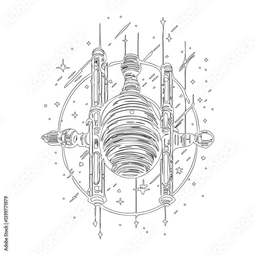 Space Station Black and White Vector Illustration