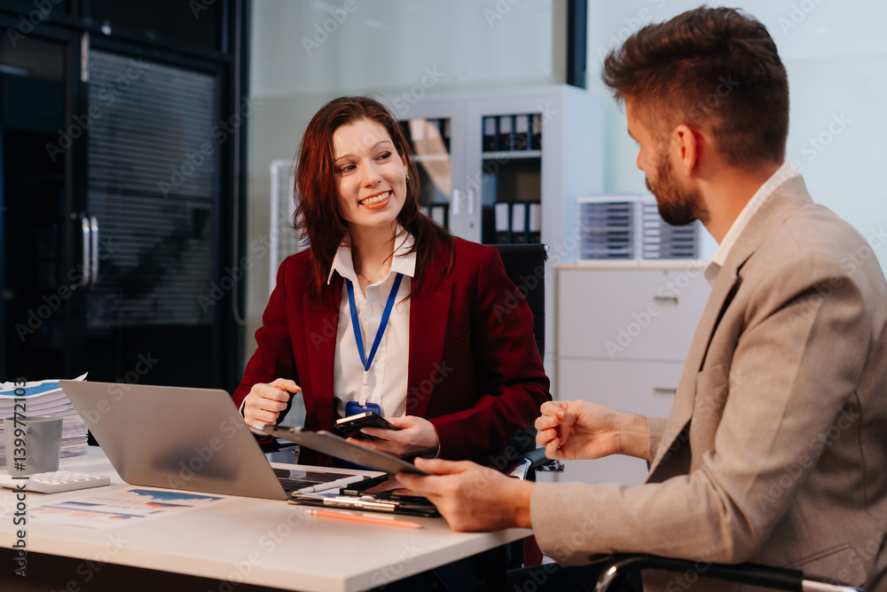 Diverse professionals collaborate on project analysis with financial graphs. Strategic teamwork and insights drive company growth and success.