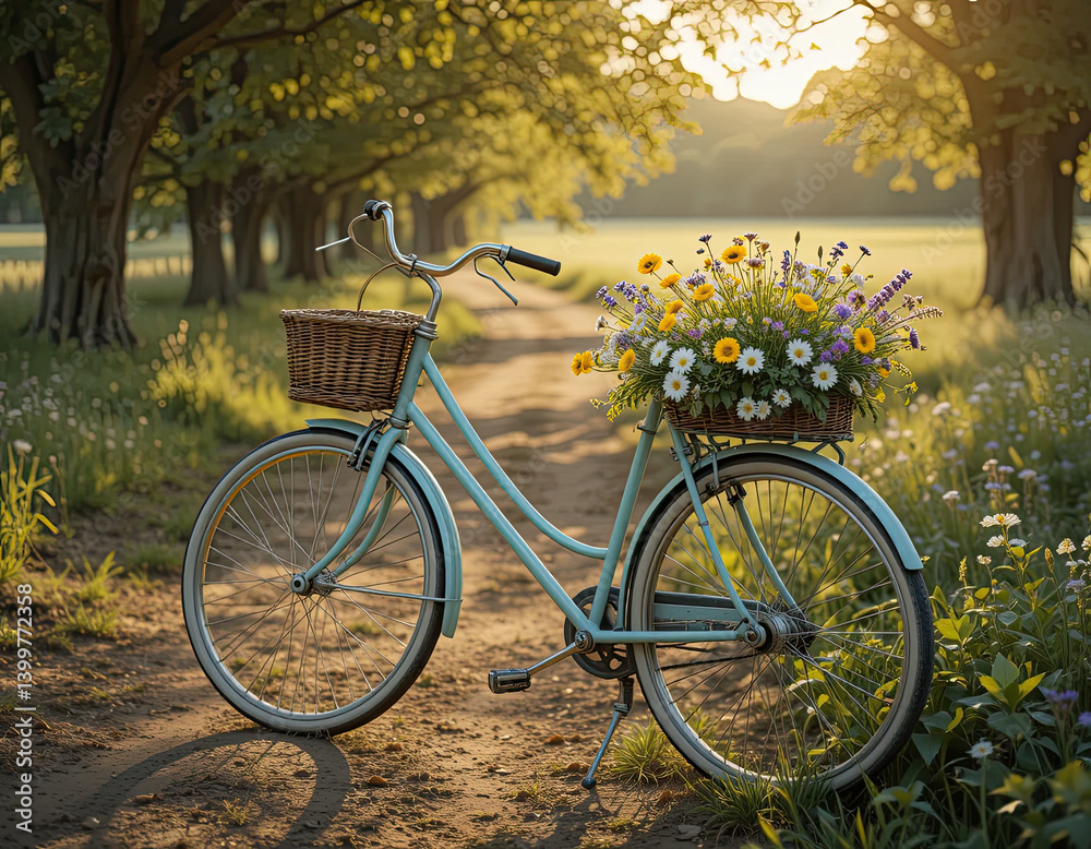 Fototapeta premium Vintage blue bicycle with wicker basket and blooming wildflowers parked on a scenic forest path under warm sunlight, perfect for spring nature, travel, and countryside themes.