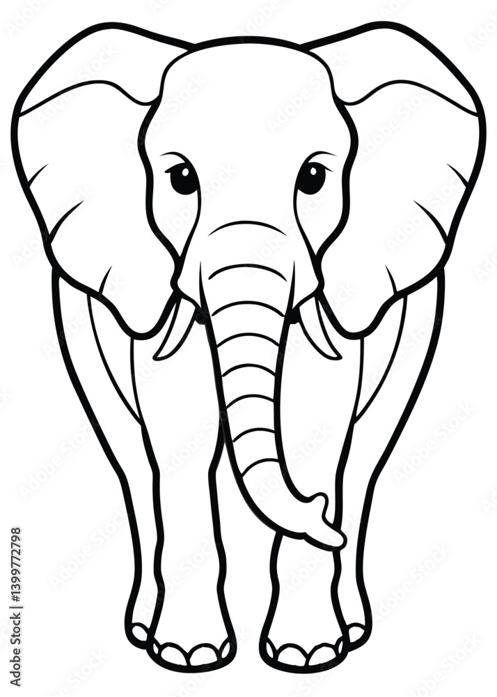 Fototapeta premium A black-and-white line drawing of an elephant facing forward, with large ears, a long trunk, and no tusks, on a plain white background.