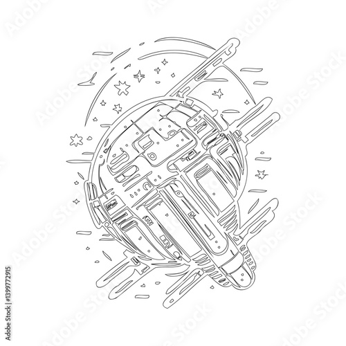 Drawn Spherical Spacecraft with Ornate Detailing