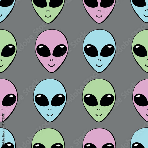 Seamless pattern with Aliens heads in doodle flat style. Humanoids, visitors, Martians. Vector illustration, wallpaper on theme of space, UFO, conspiracy theory, Sci-fi, fantastic