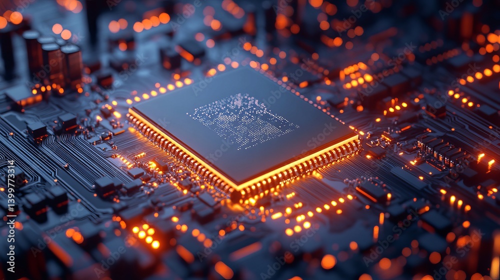 A close up view of a computer chip with glowing orange lights on a dark circuit board background