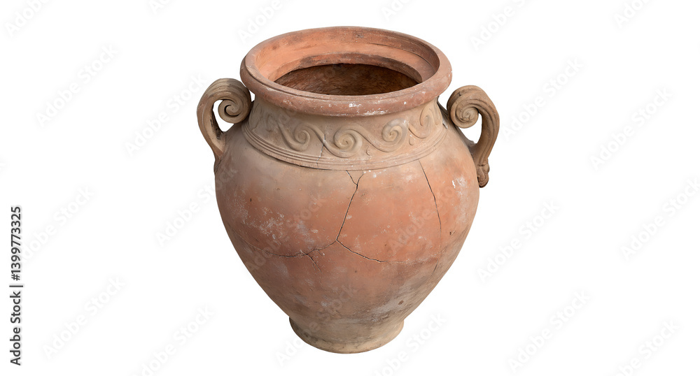 Realistic antique terracotta pot with old-world charm, textured finish, and handle accents white transparent PNG mockup for artistic and design use Realistic antique terracotta pot with old-world charm, textured finish, and handle accents white transparent PNG mockup for artistic and design use