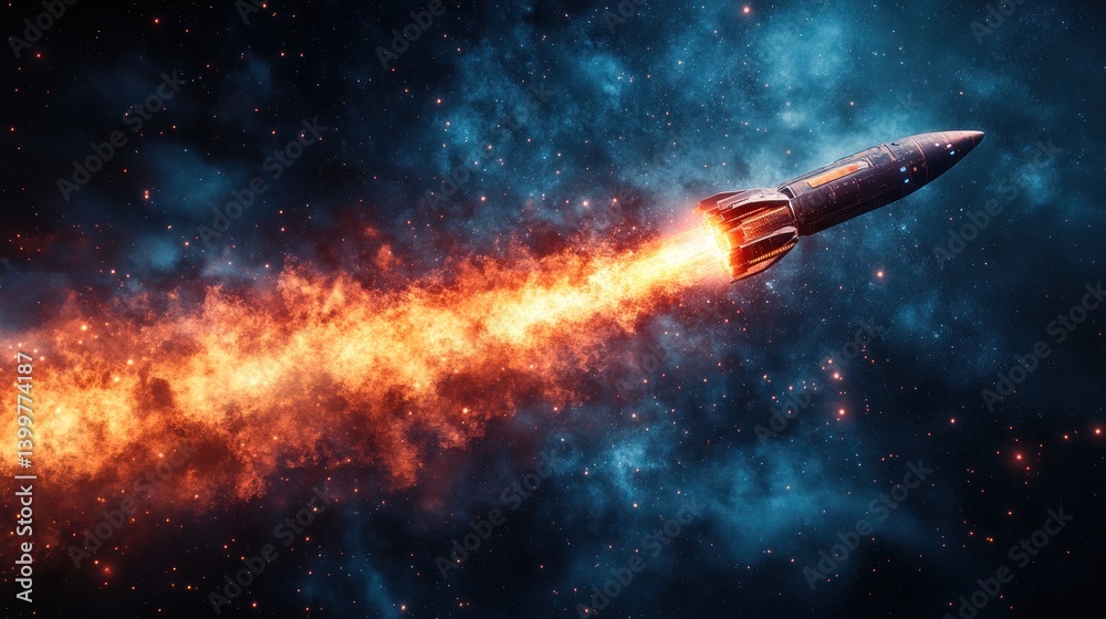 Naklejka premium Fiery Rocket Launch into the Cosmos