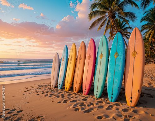 Fototapeta Naklejka Na Ścianę i Meble -  Colorful surfboards lined up on a sandy tropical beach at sunset with palm trees and ocean waves, capturing vibrant surf culture, summer travel, and coastal lifestyle vibes.

