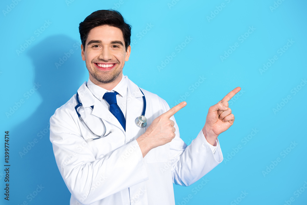 Young doctor in white coat smiles confidently and points towards a noteworthy direction against a bright blue background Young doctor in white coat smiles confidently and points towards a noteworthy direction against a bright blue background