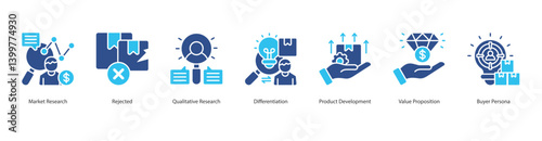 Behavioral Segmentation icon sheet style outline vector market research, rejected, qualitative research, differentiation, product development, value proposition, buyer
