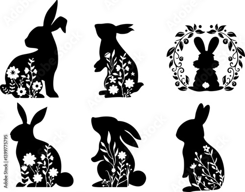 Happy Easter banner, poster, greeting card. Trendy Easter design with typography, bunnies, flowers, eggs, bunny ears, modern symbol Easter banner