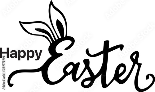 Happy Easter banner, poster, greeting card. Trendy Easter design with typography, bunnies, flowers, eggs, bunny ears, modern symbol Easter banner