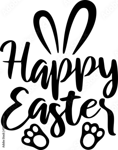 Happy Easter banner, poster, greeting card. Trendy Easter design with typography, bunnies, flowers, eggs, bunny ears, modern symbol Easter banner