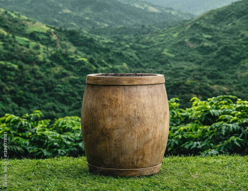 Obraz premium Wooden barrel planter on a lush green hillside.