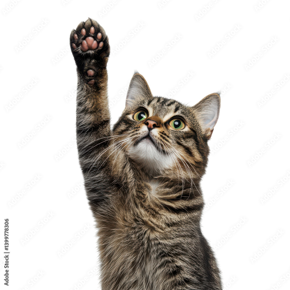 Fototapeta premium A cat with raised paw, displaying curiosity and playfulness, characterized by its detailed fur and expressive eyes.