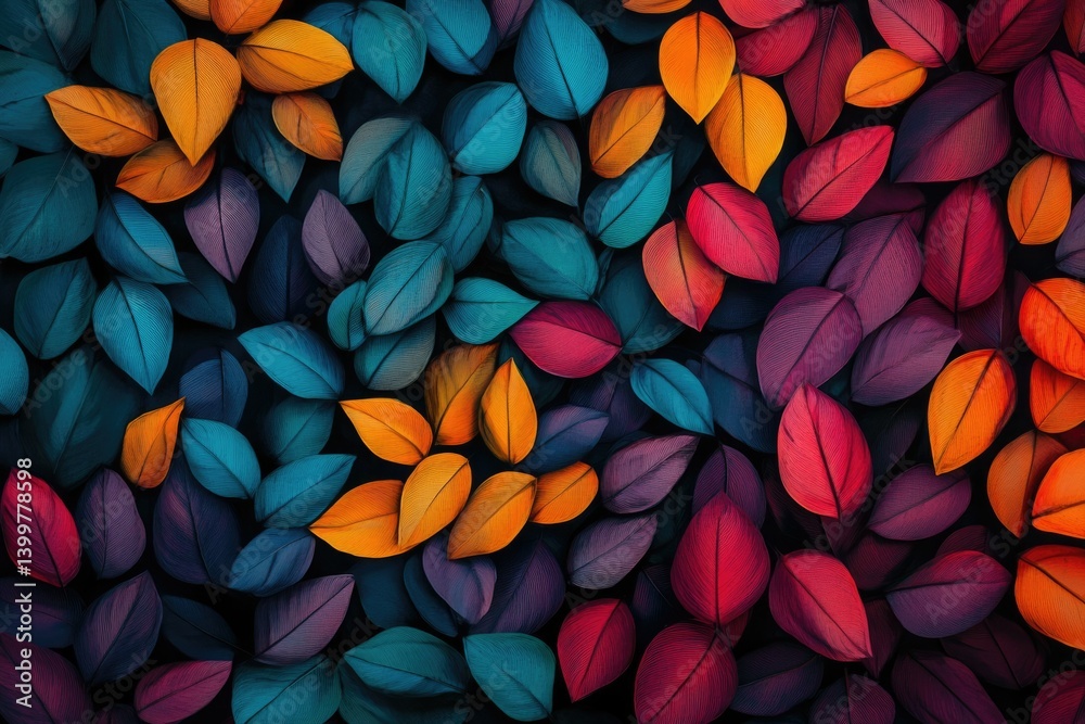 A vibrant collection of colorful leaves in teal, orange, and purple hues, creating a visually stunning pattern. A vibrant collection of colorful leaves in teal, orange, and purple hues, creating a visually stunning pattern.