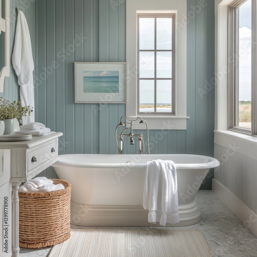A light and airy coastal bathroom with a clawfoot tub and ocean view.