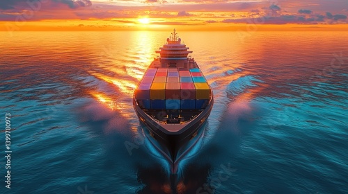 Cargo ship sailing across the ocean at sunset.  Powerful vessel with containers moving through the water.  Golden hour light reflecting on the water