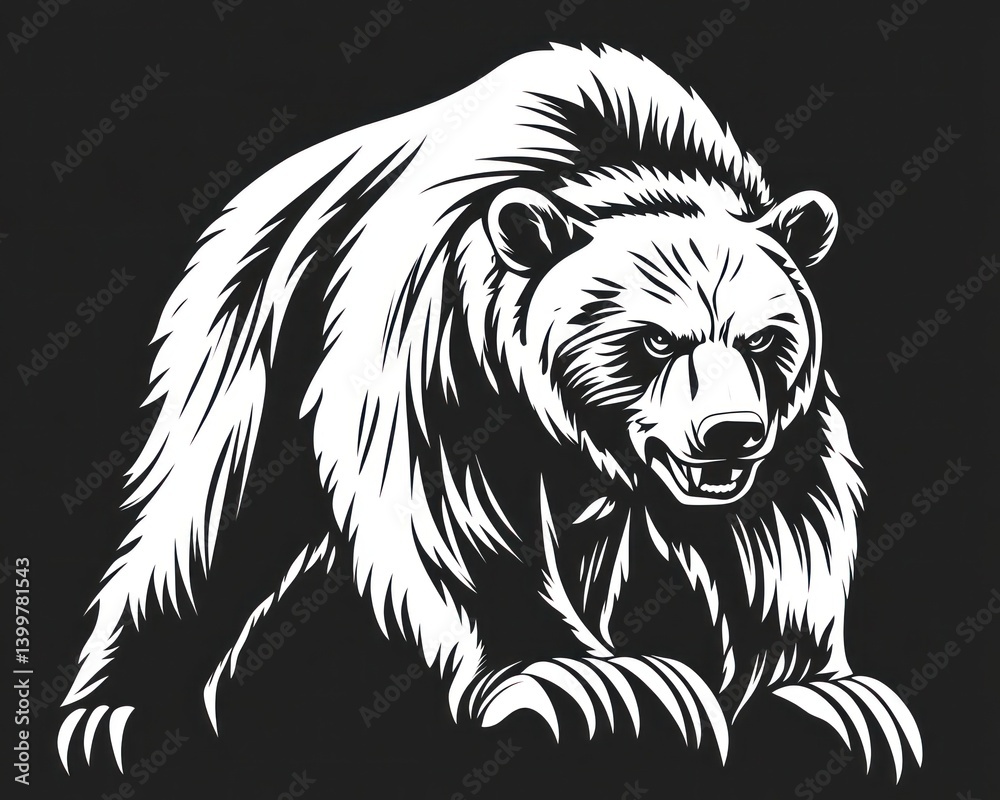 Fototapeta premium Grizzly bear portrait, menacing stance, dark background, wildlife illustration, logo design