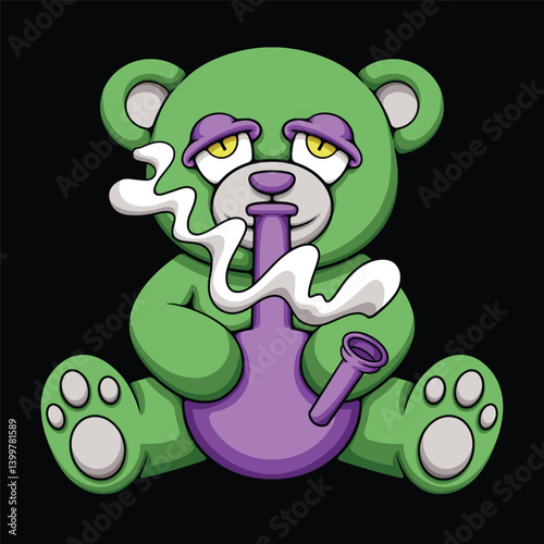 green teddy bear character smoking bong Illustration