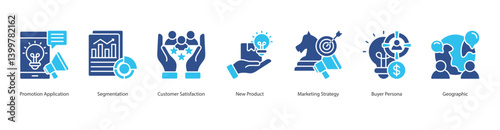 Market Segmentation icon sheet style outline vector promotion application, segmentation, customer satisfaction, new product, marketing strategy, buyer persona, geographic