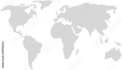 Minimalist world map formed with light gray dots on white background creating a clean geometric representation of global continents.