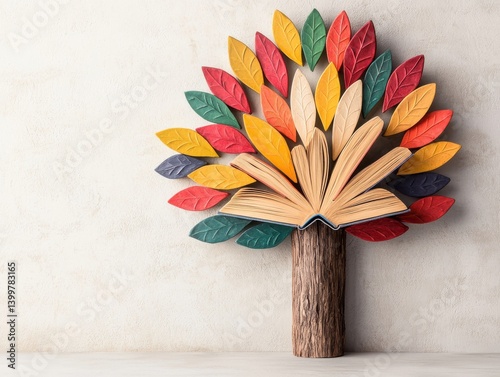 A creative fusion of a tree and an open book with colorful leaves representing knowledge.