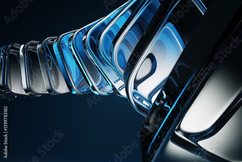 Fototapeta Naklejka Na Ścianę i Meble -  Dark blue 3d background with glass transparent block shapes row. Abstract curve wave line pattern. Crystal square plates with flare and light refraction on neon black bg. Digital tech. 3D illustration