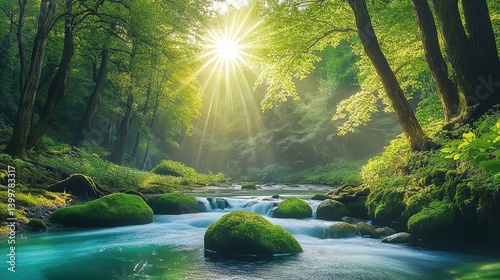 Lush forest stream bathed in sunlight.  Tranquil, vibrant greenery surrounds a clear, flowing stream. 