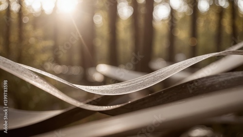 Sunlit transparent ribbons in a forest, evoking a serene and natural atmosphere